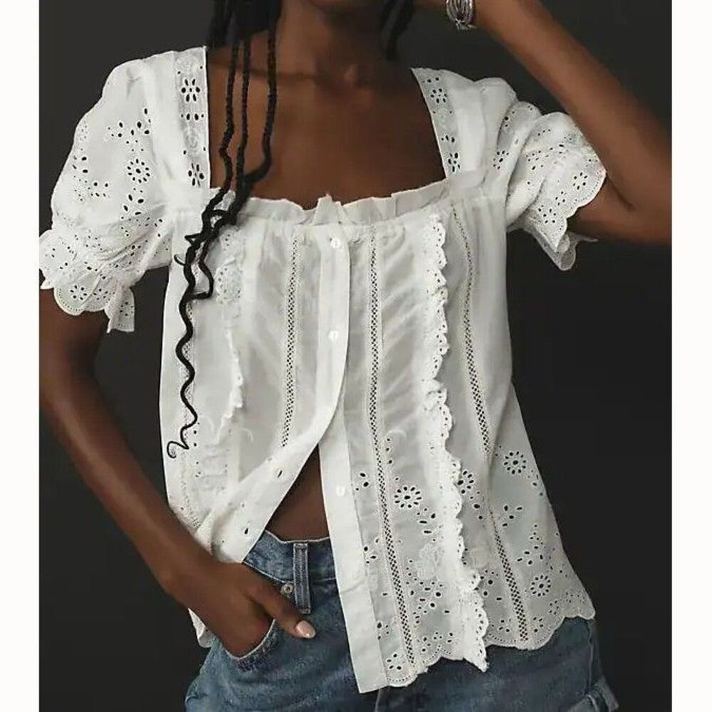 By Anthropologie Puff-Sleeve Eyelet Embroidered Blouse Top Crochet Lace S 291906